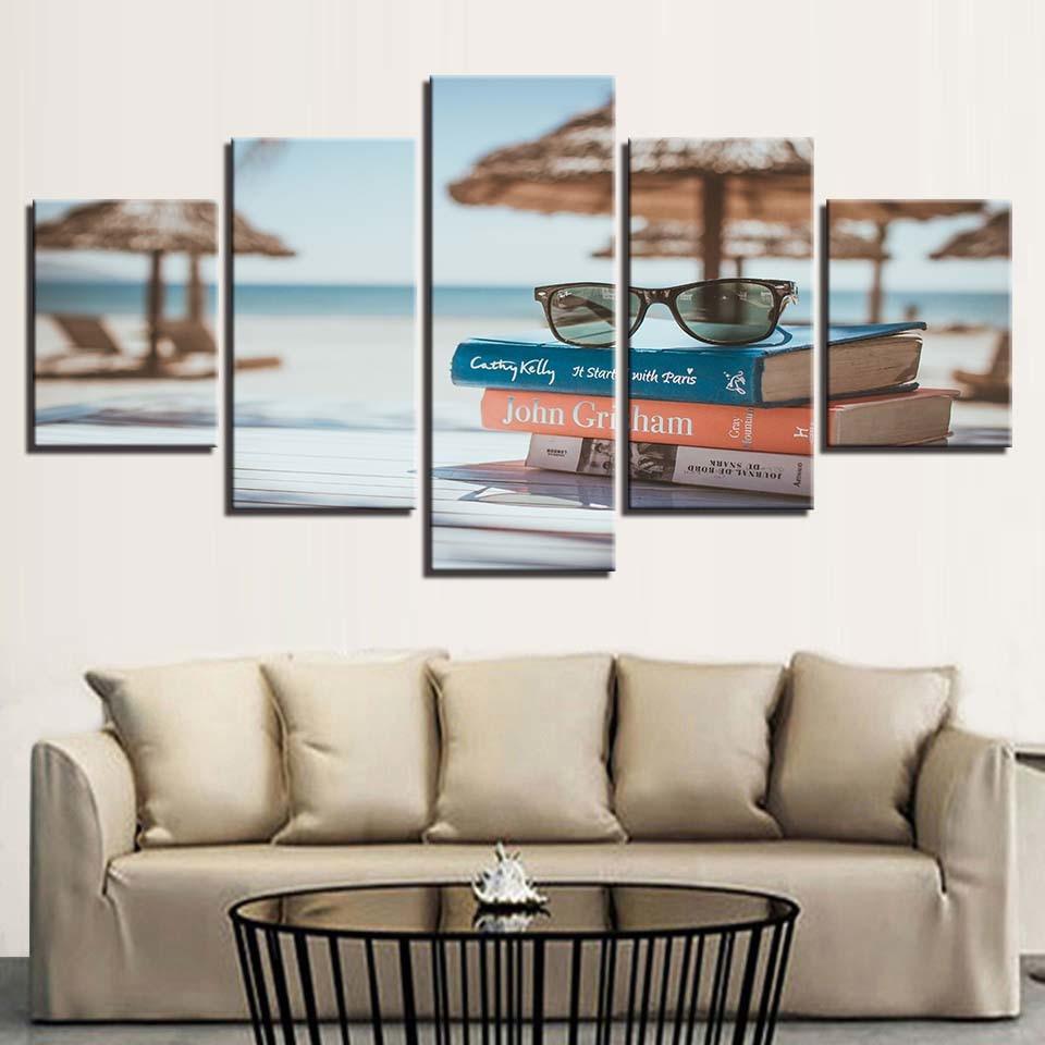 Glasses And Books By The Sea 5 Piece HD Multi Panel Canvas Wall Art Frame - Original Frame