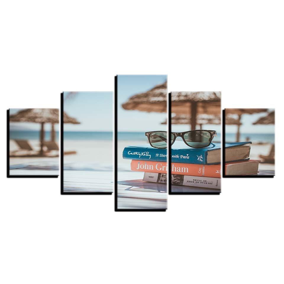 Glasses And Books By The Sea 5 Piece HD Multi Panel Canvas Wall Art Frame - Original Frame