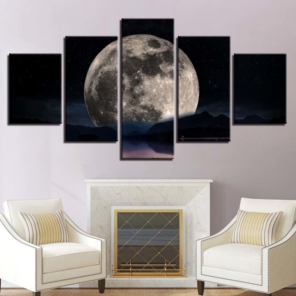 Moon Night View 5 Piece HD Multi Panel Canvas Wall Art Frame - Original Frame