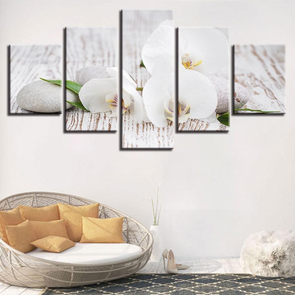 White Phalaenopsis 5 Piece HD Multi Panel Canvas Wall Art Frame - Original Frame