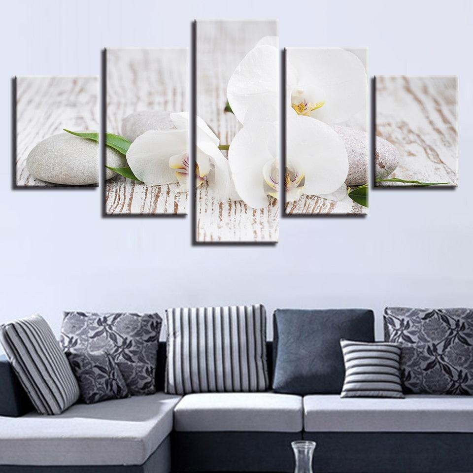 White Phalaenopsis 5 Piece HD Multi Panel Canvas Wall Art Frame - Original Frame