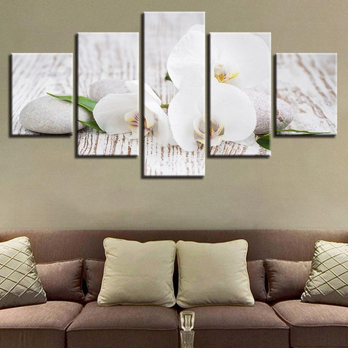 White Phalaenopsis 5 Piece HD Multi Panel Canvas Wall Art Frame - Original Frame