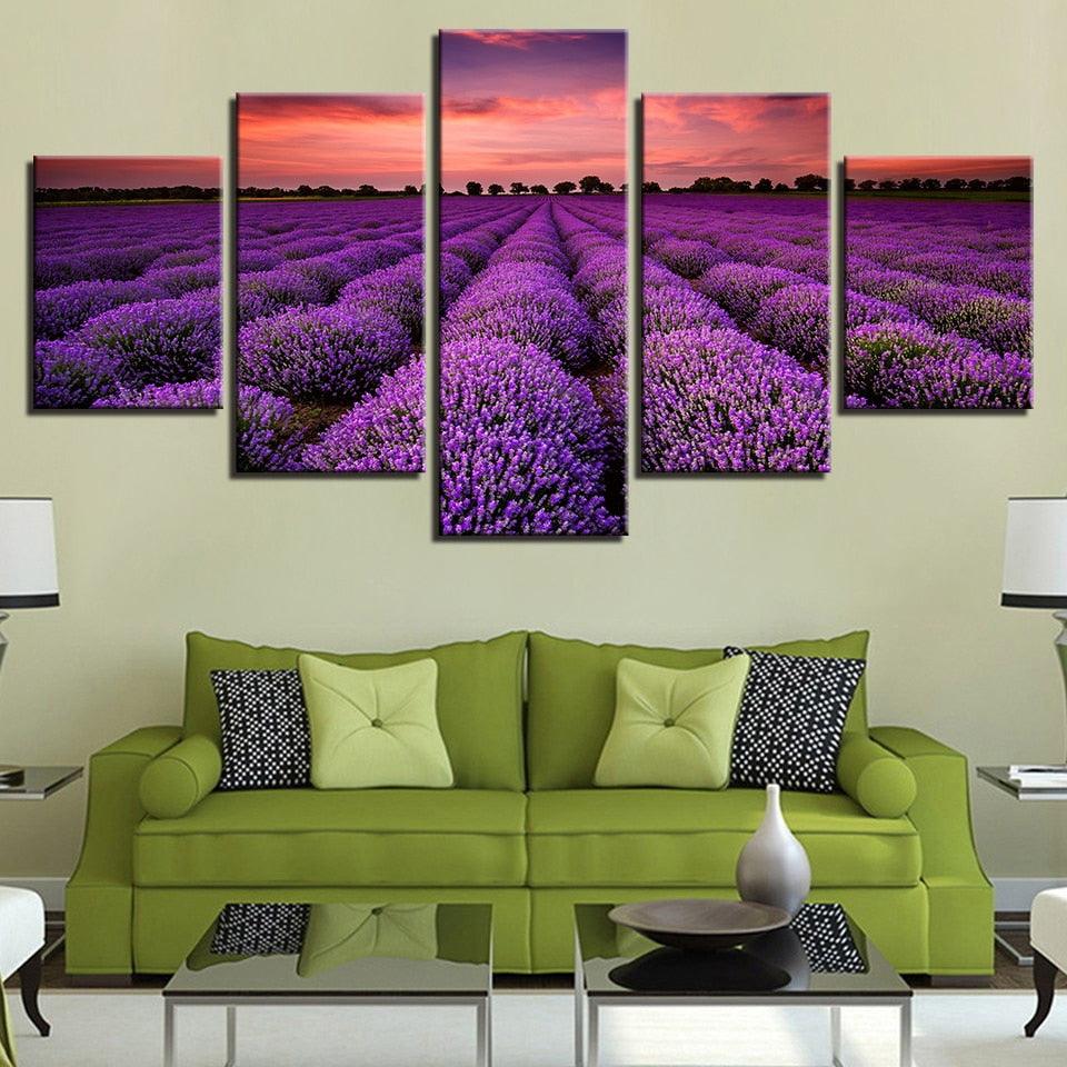 Lavender Fields At Sunset 5 Piece HD Multi Panel Canvas Wall Art Frame - Original Frame