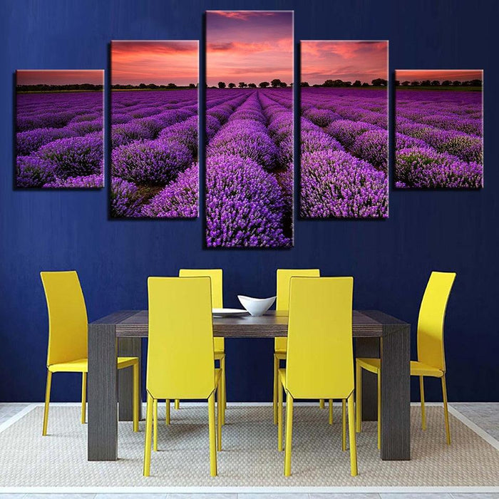 Lavender Fields at Sunset 5 Piece HD Multi Panel Canvas Wall Art Frame