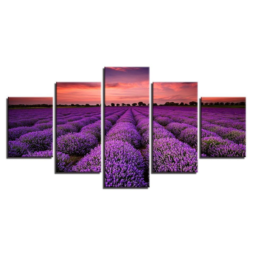 Lavender Fields At Sunset 5 Piece HD Multi Panel Canvas Wall Art Frame - Original Frame