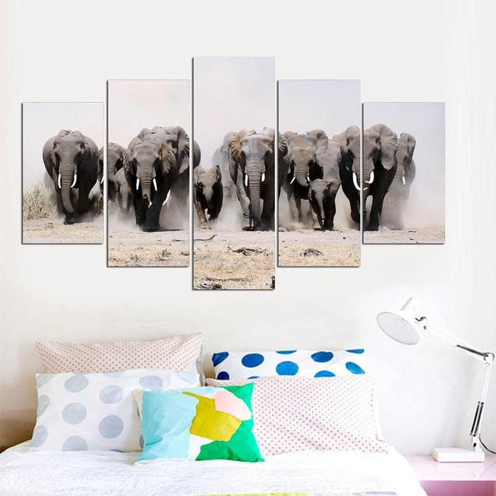 Elephants 5 Piece HD Multi Panel Canvas Wall Art Frame