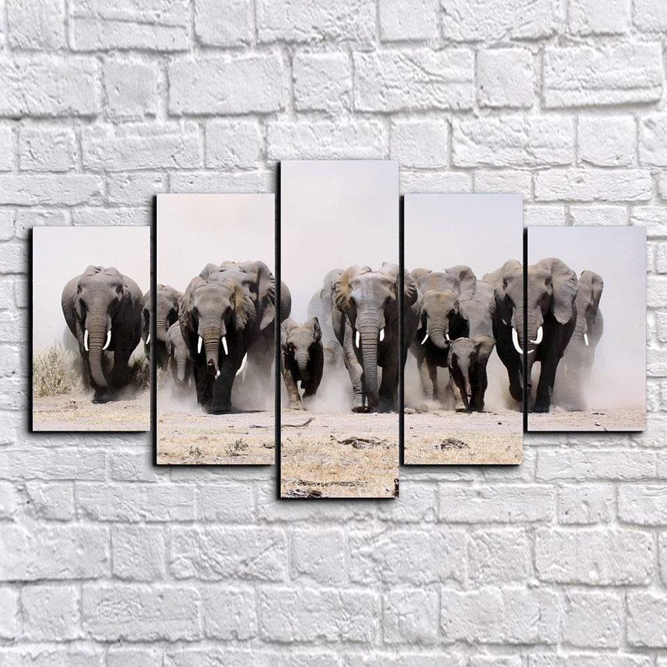 Elephants 5 Piece HD Multi Panel Canvas Wall Art Frame - Original Frame