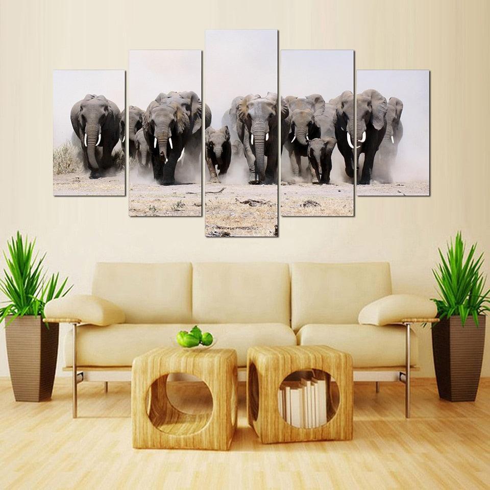 Elephants 5 Piece HD Multi Panel Canvas Wall Art Frame - Original Frame