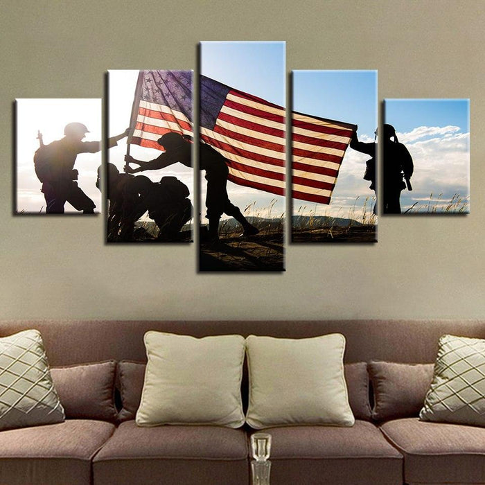 American Flag & Soldiers 5 Piece HD Multi Panel Canvas Wall Art Frame