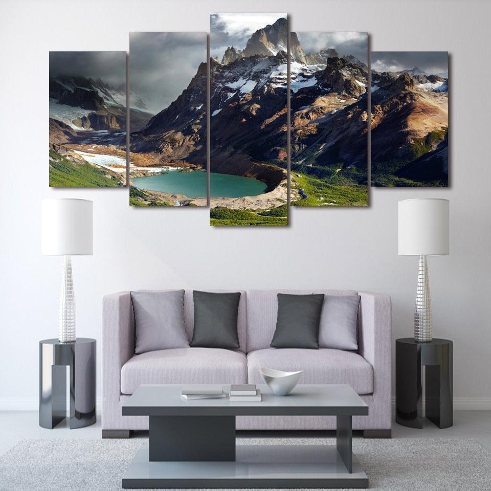 Mountain And Lake Grass 5 Piece HD Multi Panel Canvas Wall Art Frame - Original Frame
