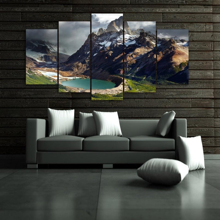 Mountain And Lake Grass 5 Piece HD Multi Panel Canvas Wall Art Frame - Original Frame