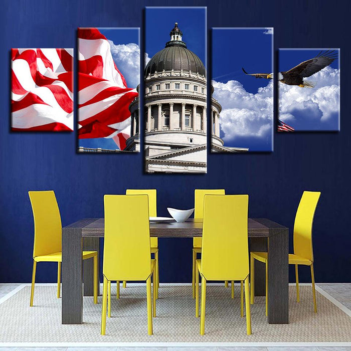 White House And Flag 5 Piece HD Multi Panel Canvas Wall Art Frame - Original Frame