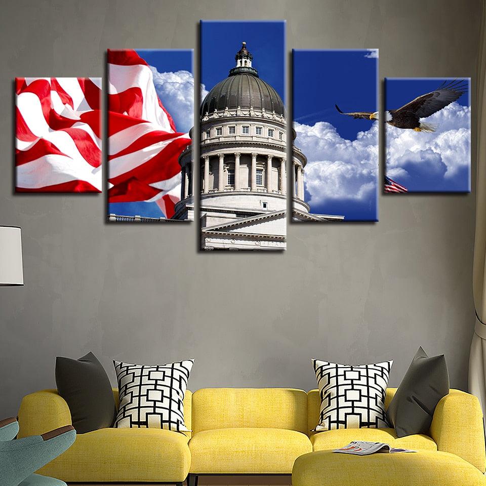 White House And Flag 5 Piece HD Multi Panel Canvas Wall Art Frame - Original Frame