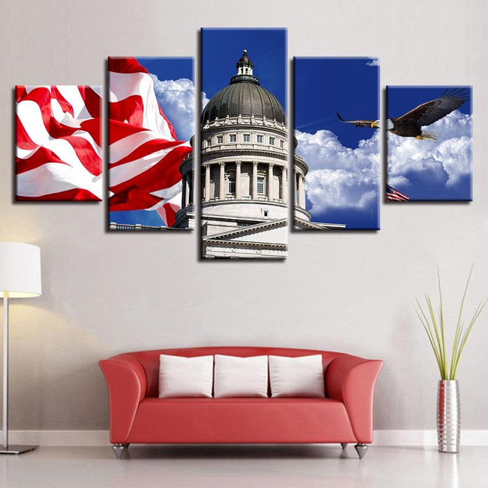 White House And Flag 5 Piece HD Multi Panel Canvas Wall Art Frame - Original Frame