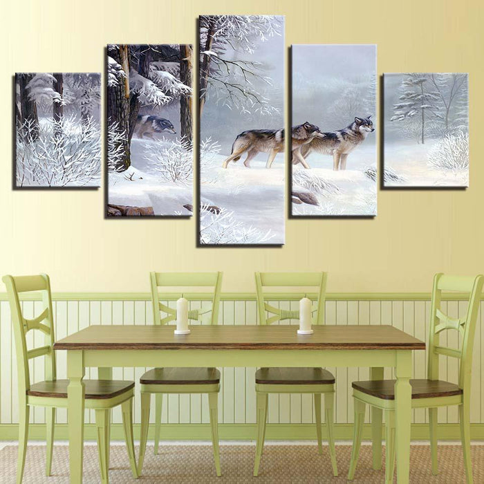 Wolf Snow 5 Piece HD Multi Panel Canvas Wall Art Frame - Original Frame