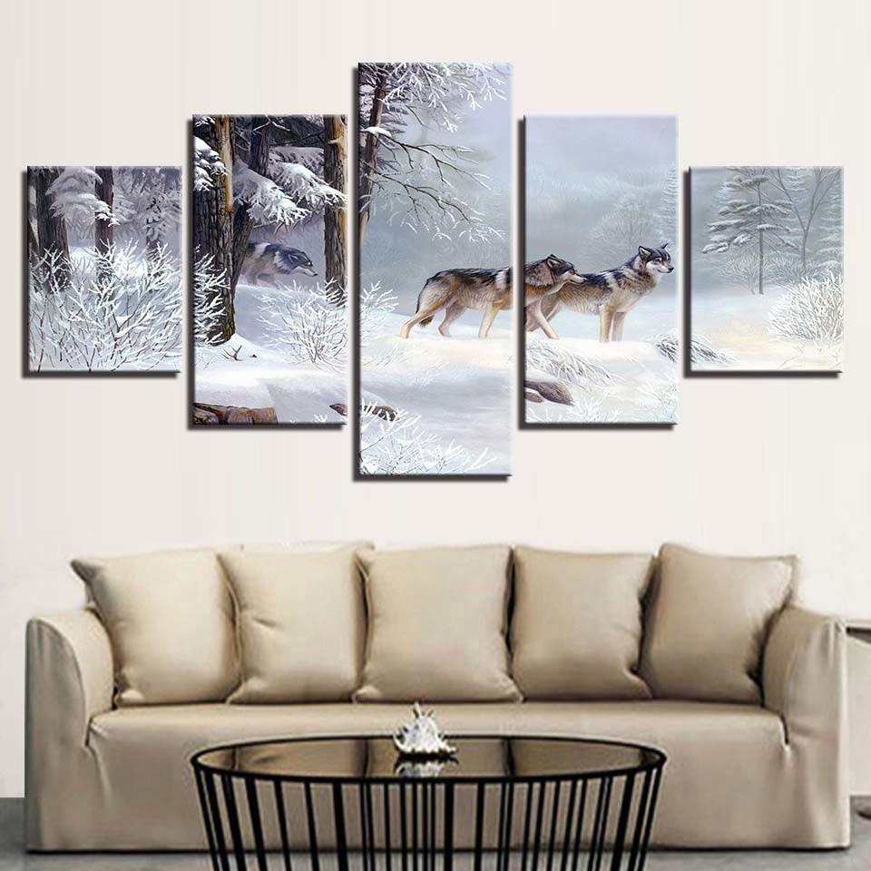 Wolf Snow 5 Piece HD Multi Panel Canvas Wall Art Frame – Original Frame