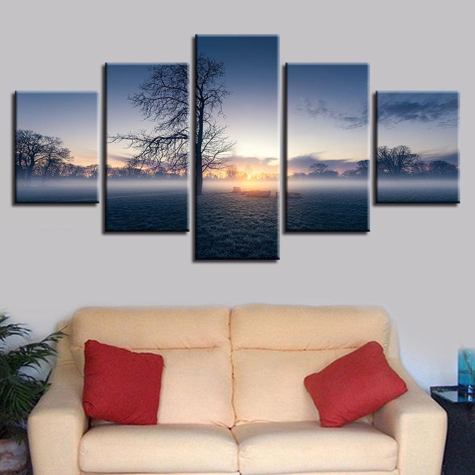 Misty Morning Tree 5 Piece HD Multi Panel Canvas Wall Art Frame - Original Frame