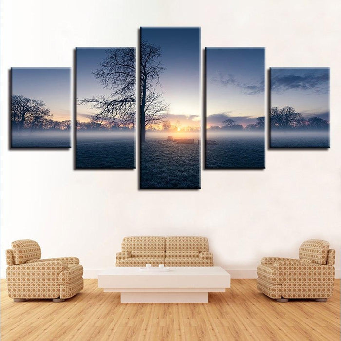 Misty Morning Tree 5 Piece HD Multi Panel Canvas Wall Art Frame - Original Frame