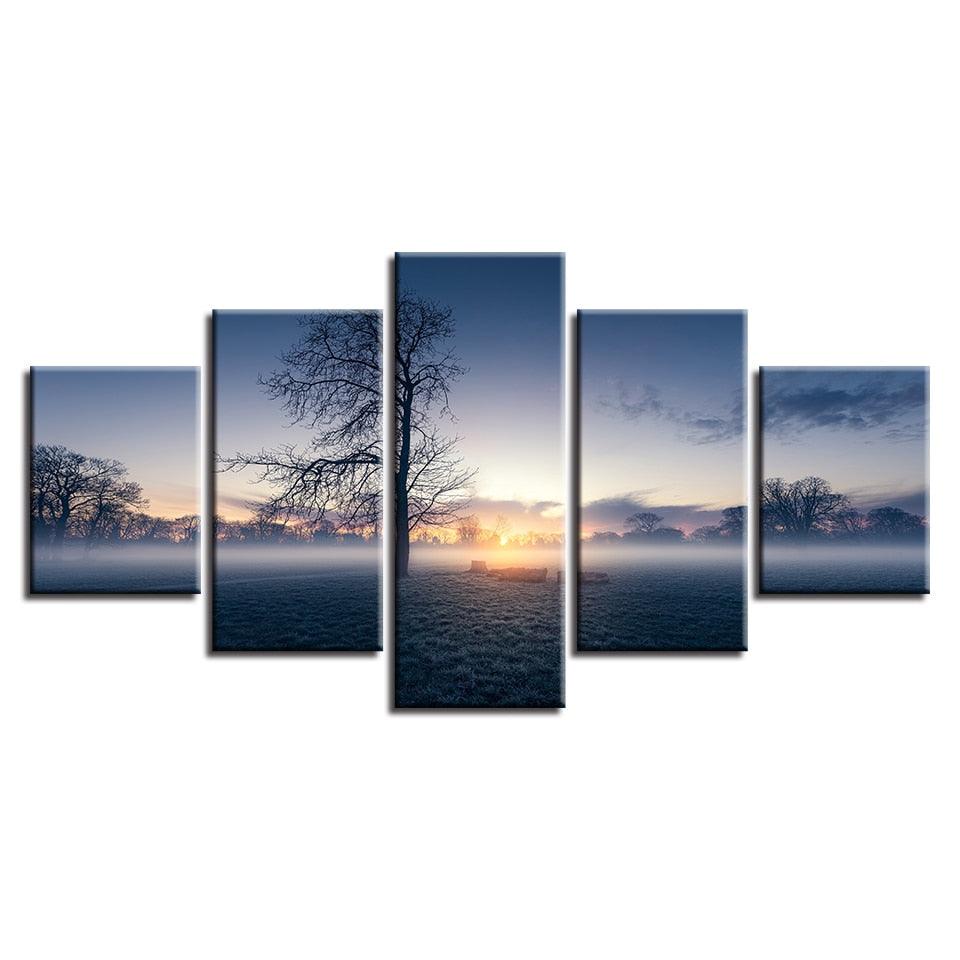 Misty Morning Tree 5 Piece HD Multi Panel Canvas Wall Art Frame - Original Frame