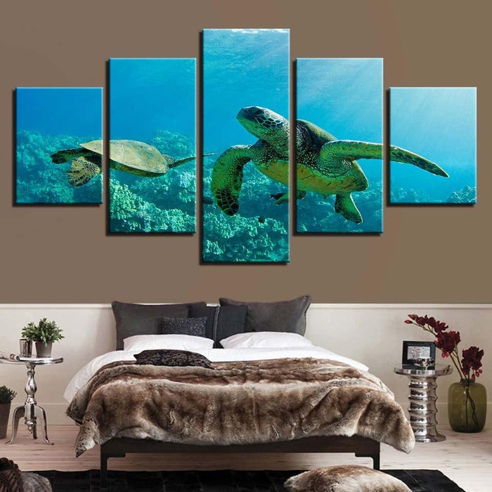 Turtles Swimming 5 Piece HD Multi Panel Canvas Wall Art Frame - Original Frame