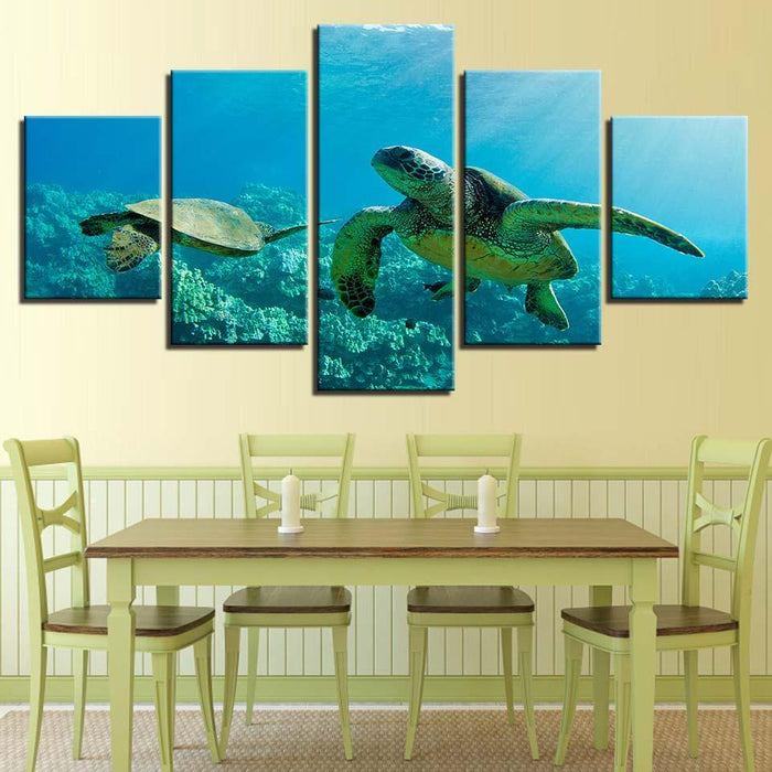 Turtles Swimming 5 Piece HD Multi Panel Canvas Wall Art Frame - Original Frame