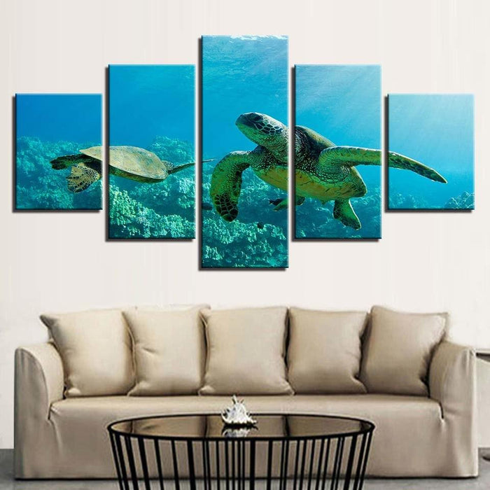 Turtles Swimming 5 Piece HD Multi Panel Canvas Wall Art Frame - Original Frame