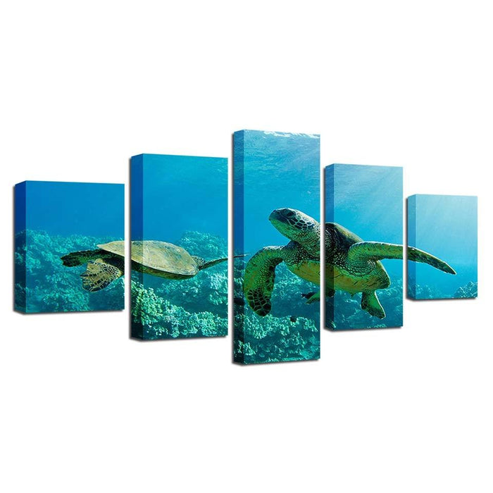 Turtles Swimming 5 Piece HD Multi Panel Canvas Wall Art Frame - Original Frame