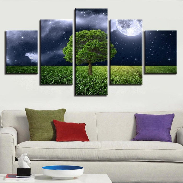 Moon Green Tree Landscape 5 Piece HD Multi Panel Canvas Wall Art Frame - Original Frame