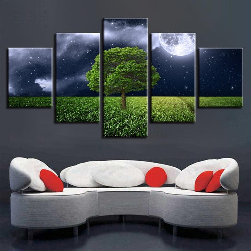 Moon Green Tree Landscape 5 Piece HD Multi Panel Canvas Wall Art Frame - Original Frame