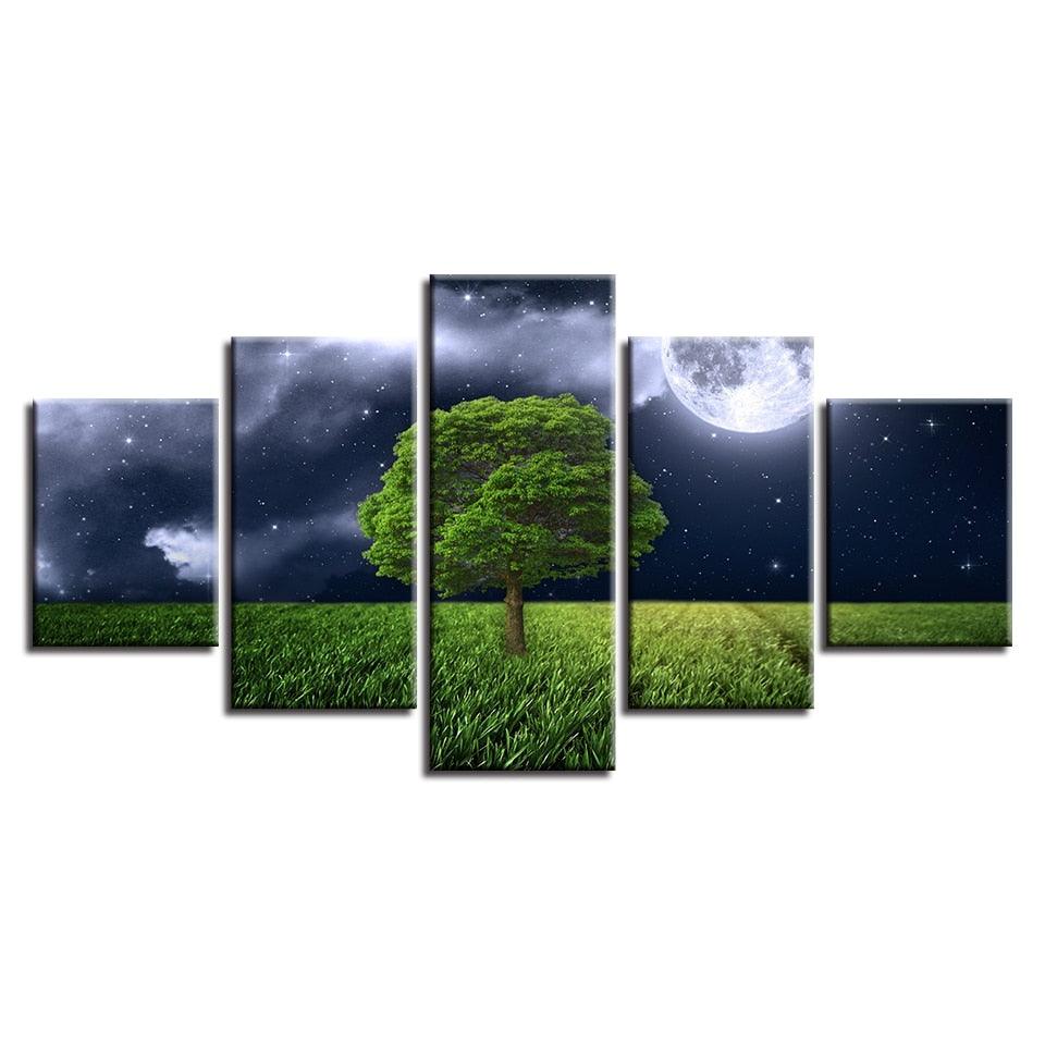 Moon Green Tree Landscape 5 Piece HD Multi Panel Canvas Wall Art Frame - Original Frame