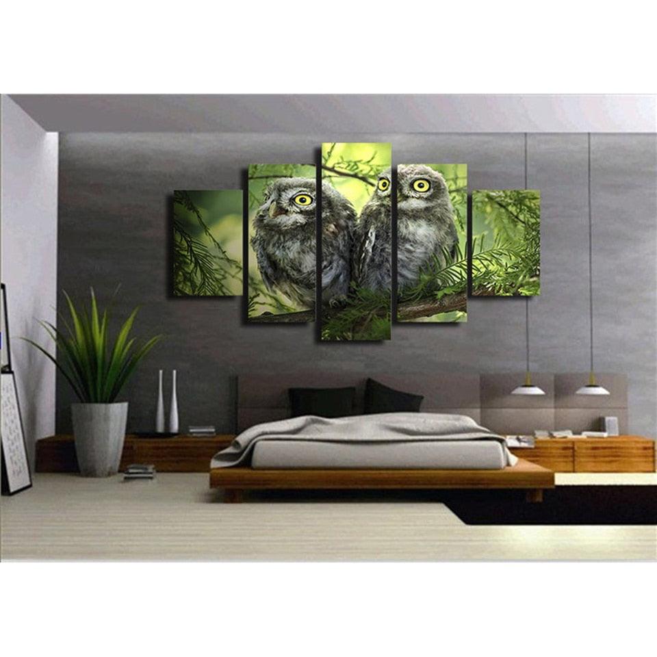 Owl Couple 5 Piece HD Multi Panel Canvas Wall Art Frame - Original Frame