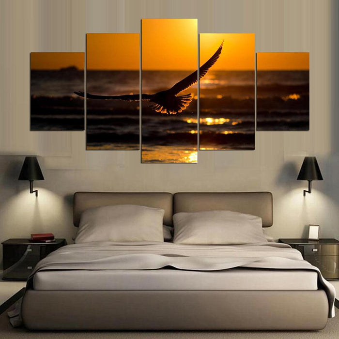 Seagulls Sunset Seascape 5 Piece HD Multi Panel Canvas Wall Art Frame - Original Frame