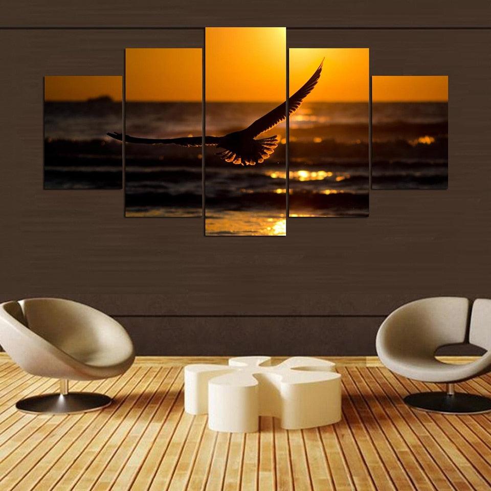 Seagulls Sunset Seascape 5 Piece HD Multi Panel Canvas Wall Art Frame - Original Frame