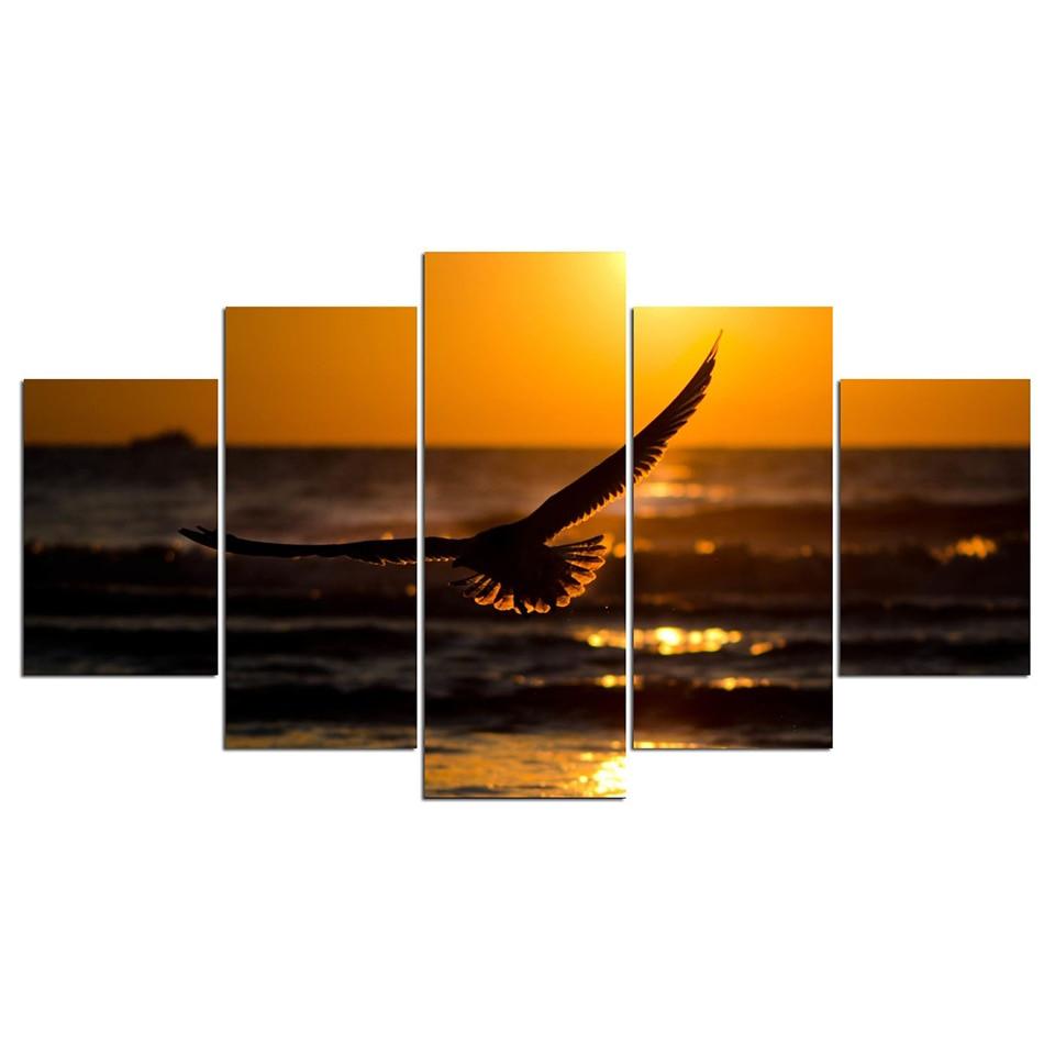 Seagulls Sunset Seascape 5 Piece HD Multi Panel Canvas Wall Art Frame - Original Frame