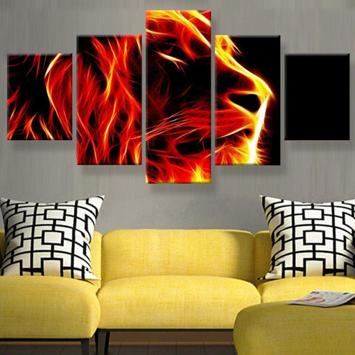 Lion Abstract Fire Painting 5 Piece HD Multi Panel Canvas Wall Art Frame - Original Frame