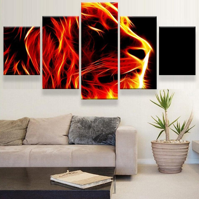 Lion Abstract Fire Painting 5 Piece HD Multi Panel Canvas Wall Art Frame
