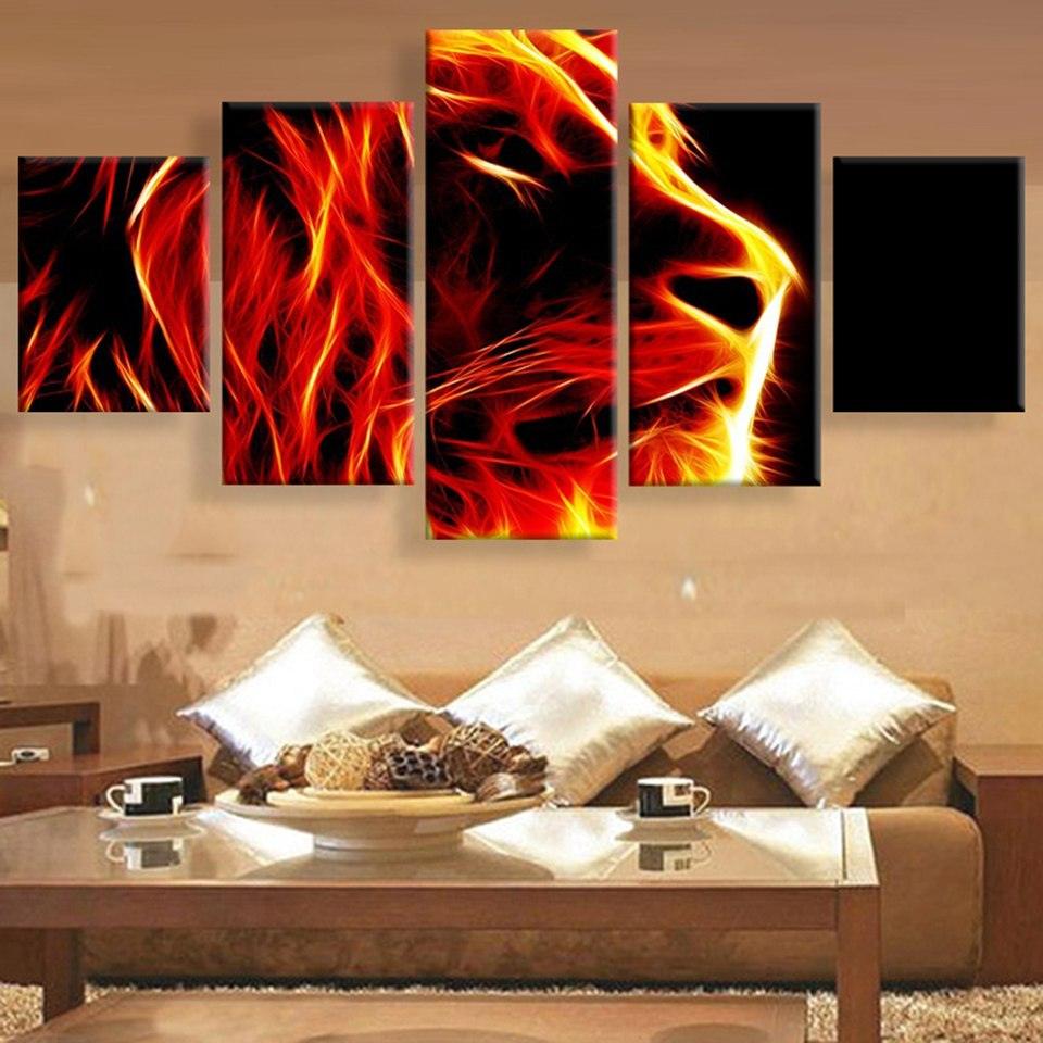 Lion Abstract Fire Painting 5 Piece HD Multi Panel Canvas Wall Art Frame - Original Frame
