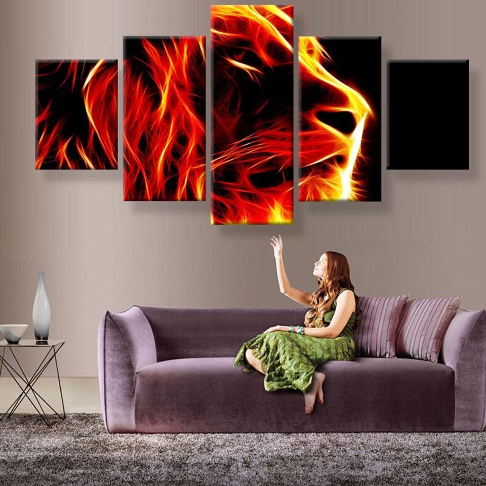 Lion Abstract Fire Painting 5 Piece HD Multi Panel Canvas Wall Art Frame - Original Frame
