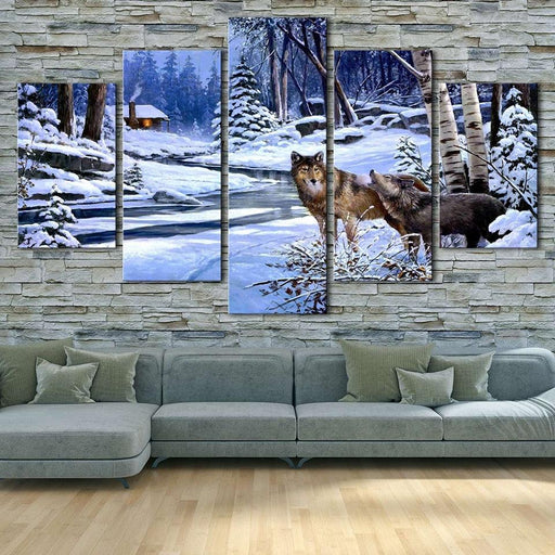 Animal Wolf Couple 5 Piece HD Multi Panel Canvas Wall Art Frame - Original Frame