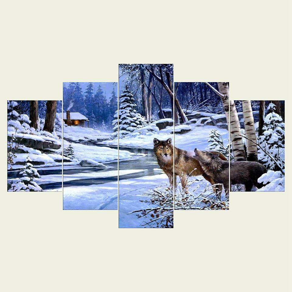 Animal Wolf Couple 5 Piece HD Multi Panel Canvas Wall Art Frame - Original Frame