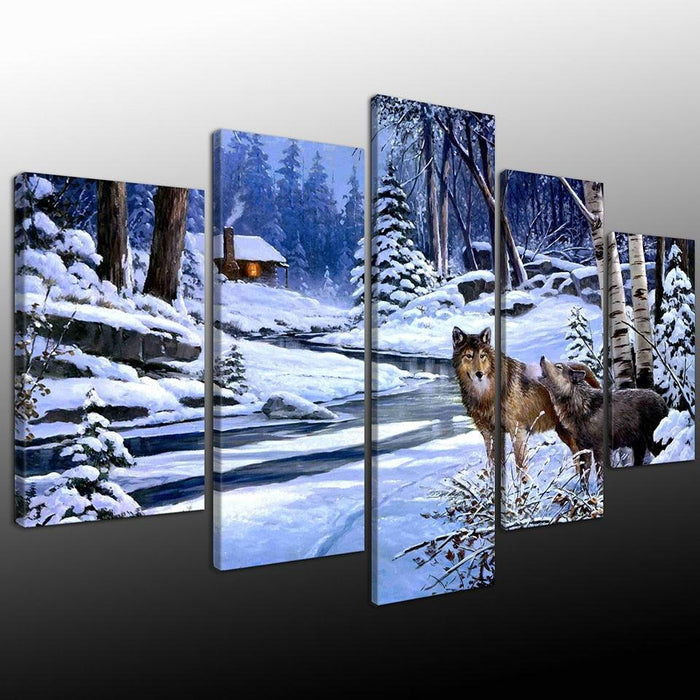 Animal Wolf Couple 5 Piece HD Multi Panel Canvas Wall Art Frame