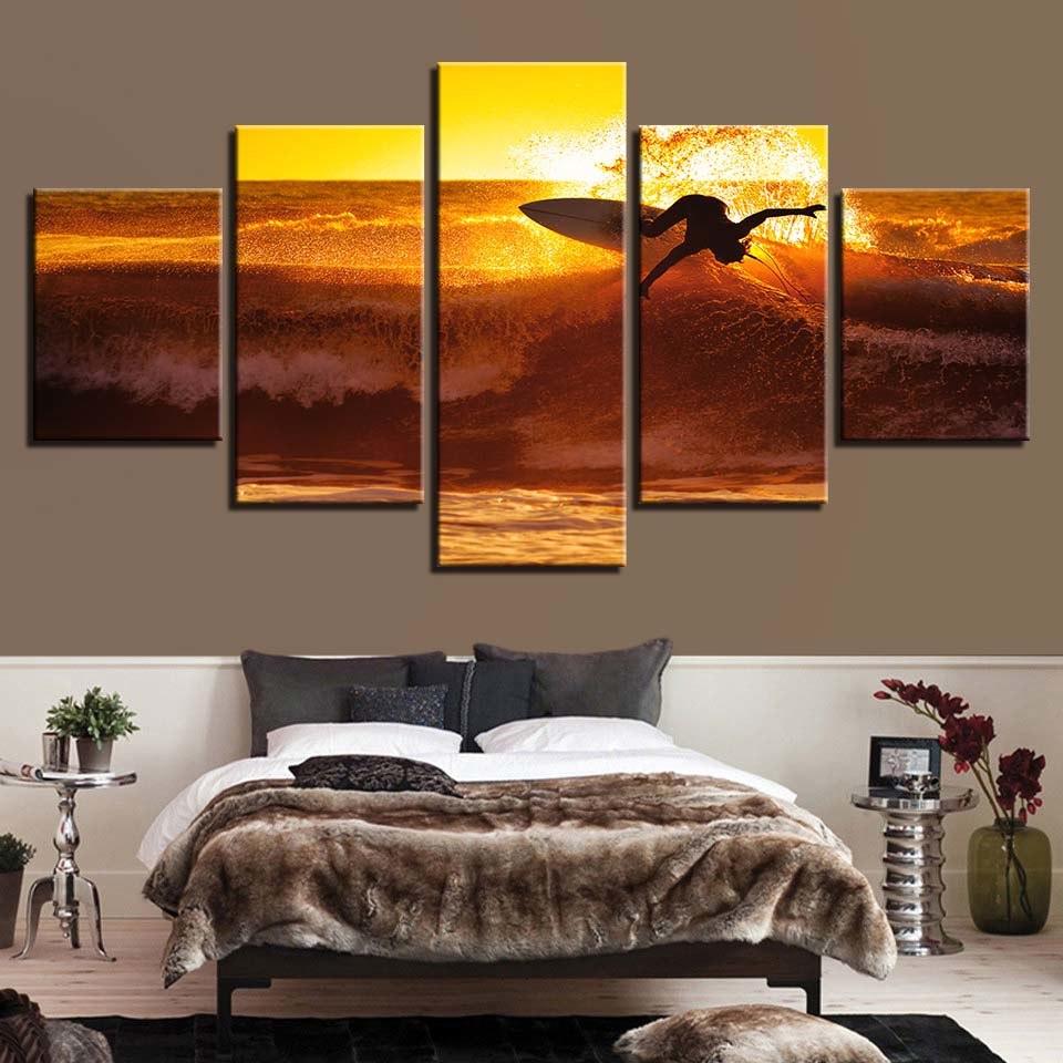 Sunset Surfing 5 Piece HD Multi Panel Canvas Wall Art Frame - Original Frame