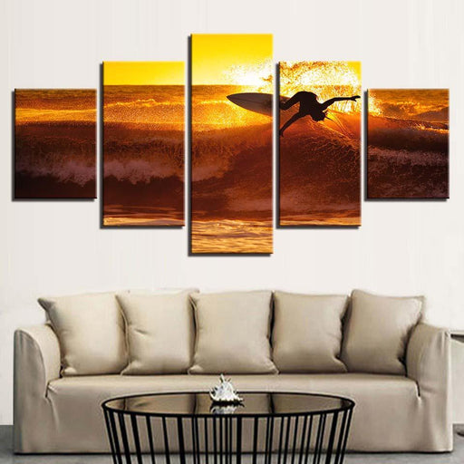 Sunset Surfing 5 Piece HD Multi Panel Canvas Wall Art Frame - Original Frame