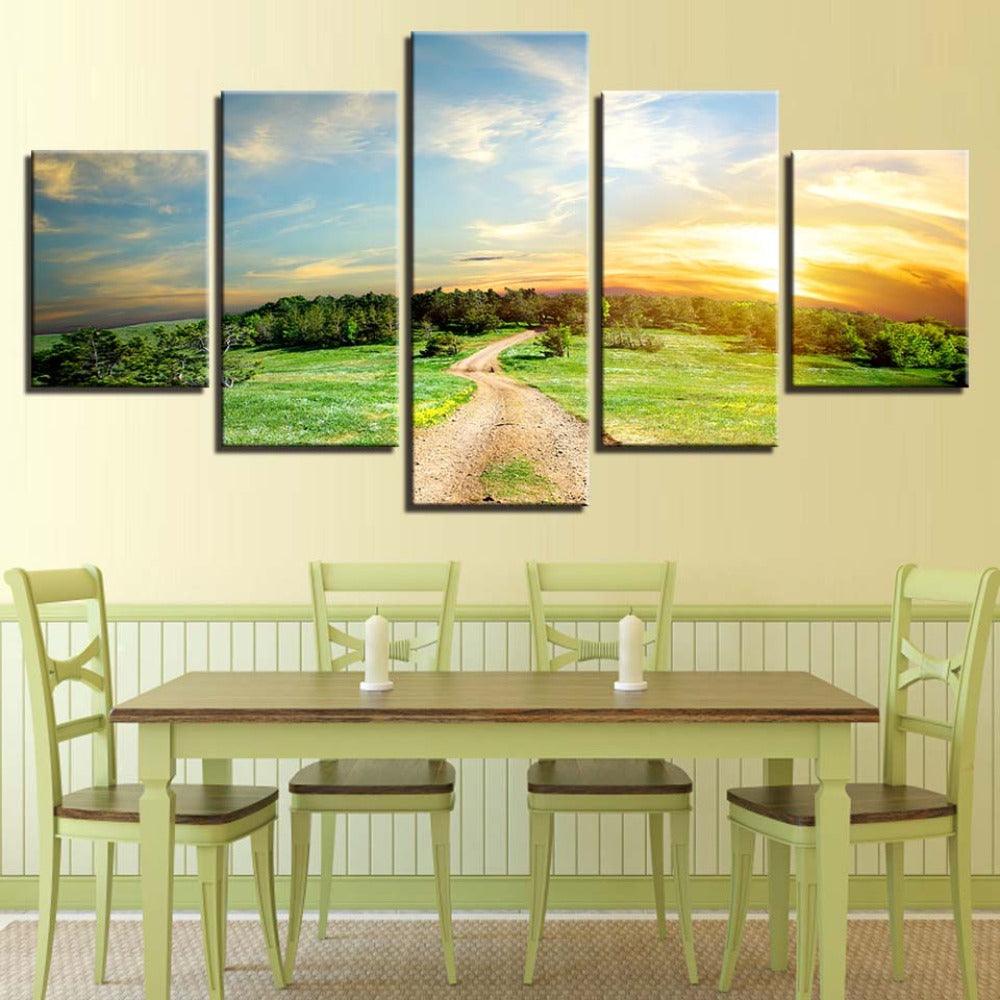 Trees And Sunset Landscape 5 Piece HD Multi Panel Canvas Wall Art - Original Frame