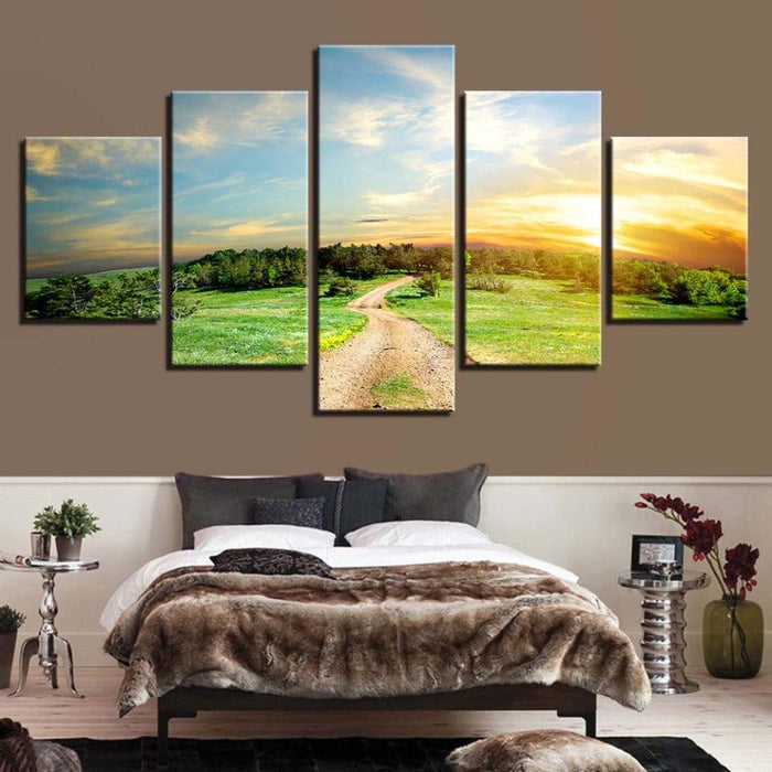 Trees And Sunset Landscape 5 Piece HD Multi Panel Canvas Wall Art - Original Frame