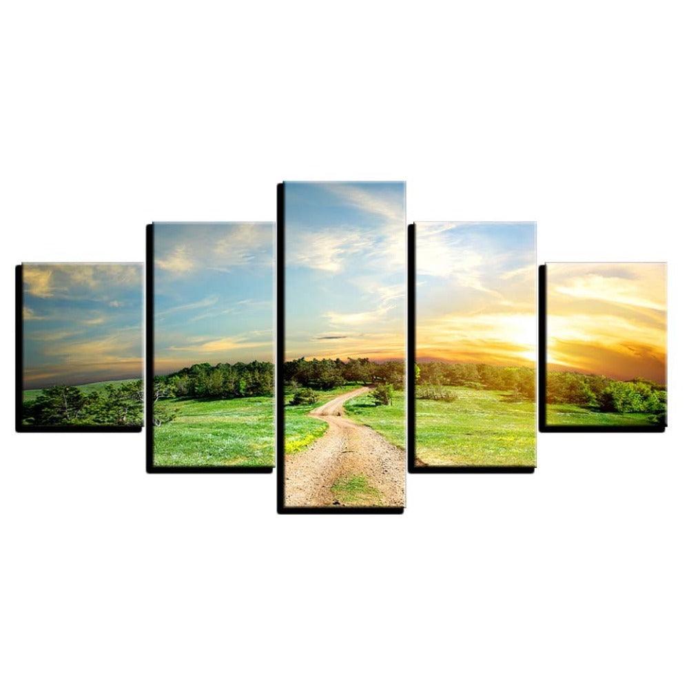Trees And Sunset Landscape 5 Piece HD Multi Panel Canvas Wall Art - Original Frame