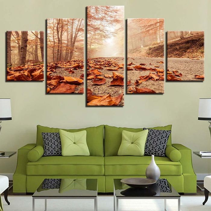 Autumn Leaves Fell On The Ground 5 Piece HD Multi Panel Canvas Wall Art Frame - Original Frame