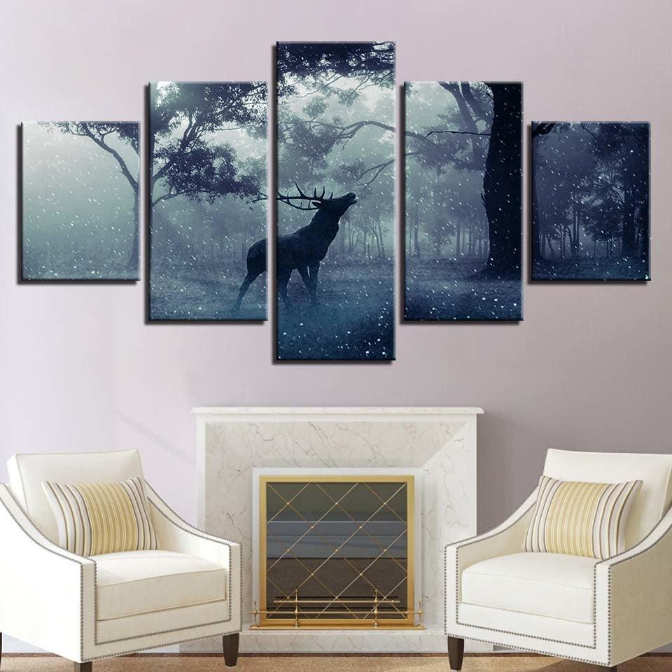 Elk in Snow 5 Piece HD Multi Panel Canvas Wall Art Frame - Original Frame