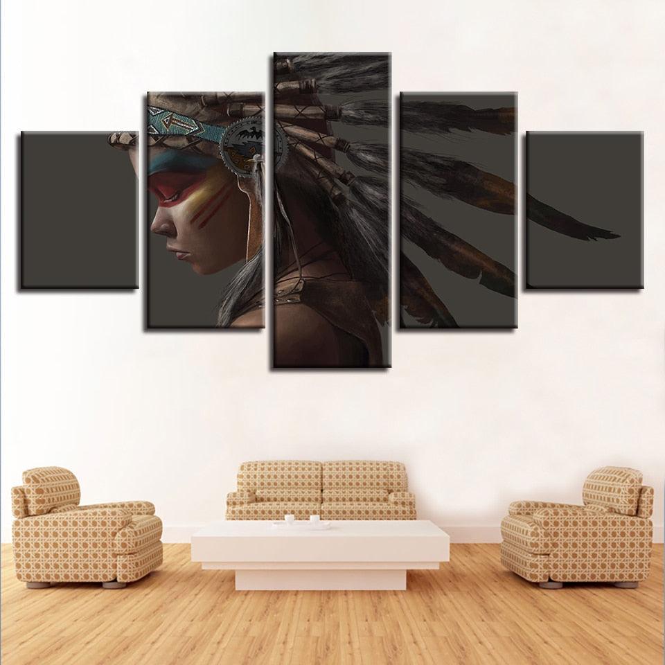 Native American Indian 5 Piece HD Multi Panel Canvas Wall Art Frame - Original Frame