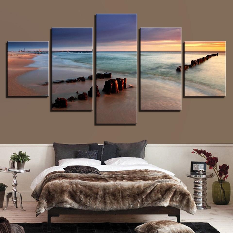 Sunshine Beach 5 Piece HD Multi Panel Canvas Wall Art Frame - Original Frame
